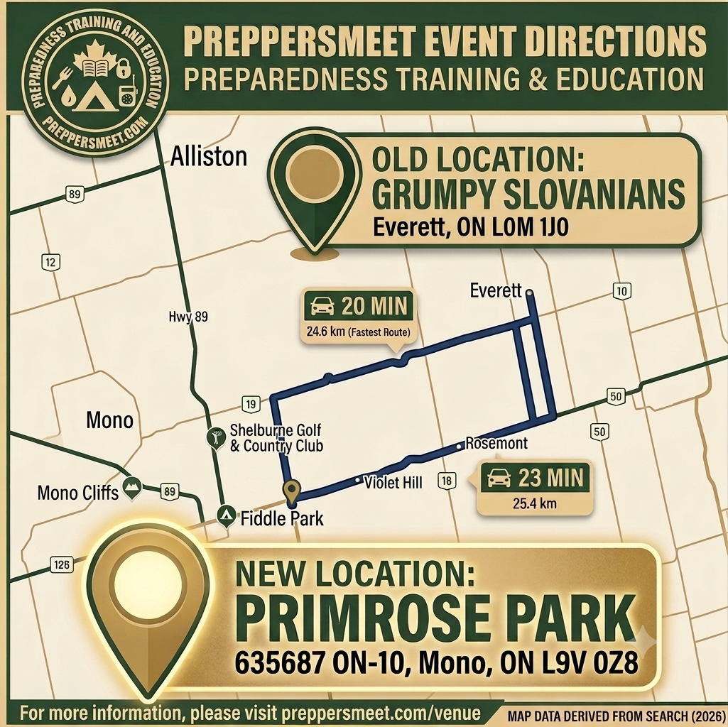 Map showing the new Preppers Meet venue at Primrose Park in Mono, Ontario