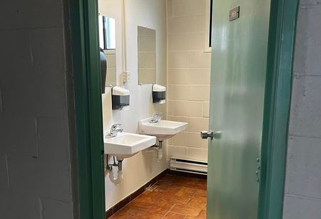 Indoor washrooms with sinks and flushing toilets